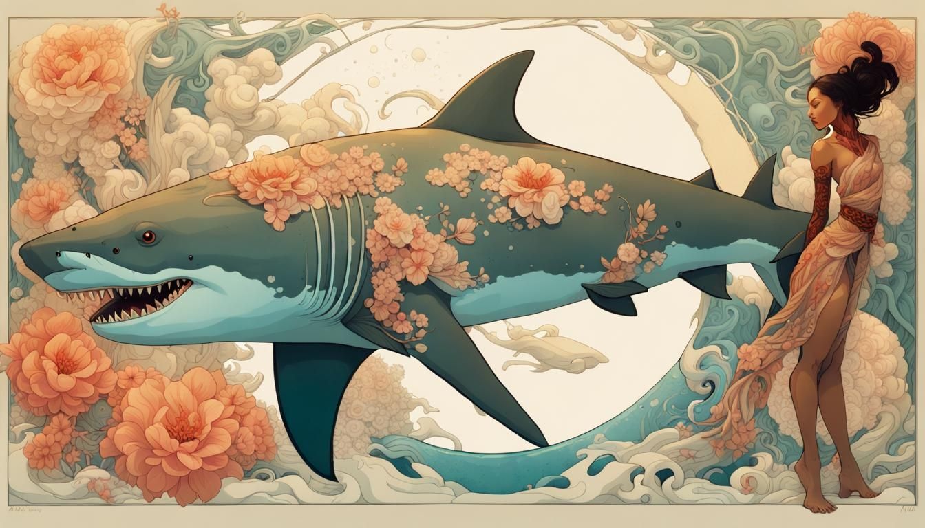 Samoan Shark Anthropomorphism in Vibrant Traditional Paintin...
