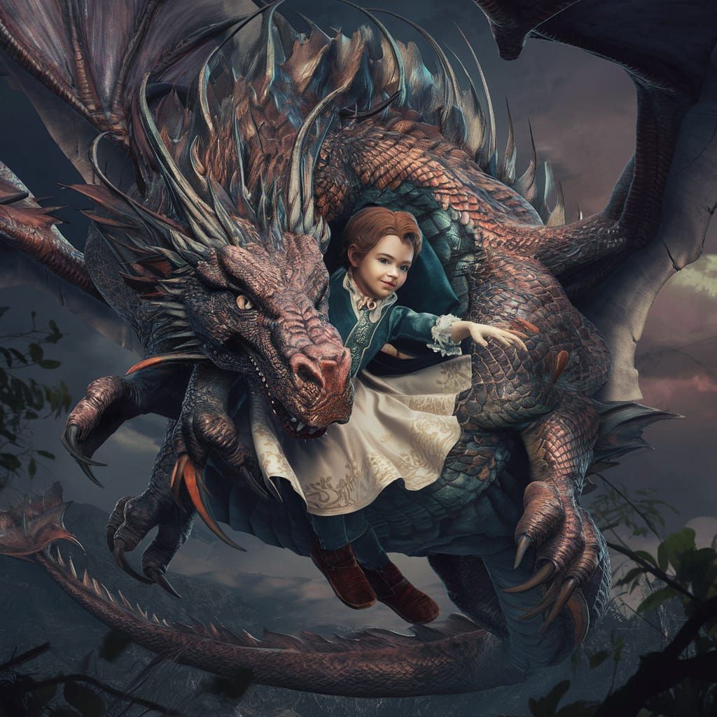 Fantastical Dragon Scene in Vibrant Colors and Intricate Det...