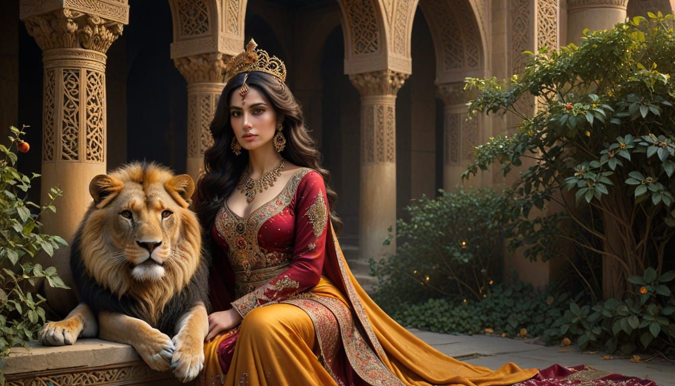 Regally Poised Noblewoman in Traditional Persian Garb