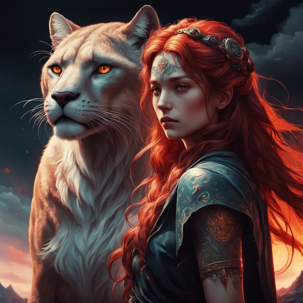 Woman Flees Lions in Surreal Digital Painting