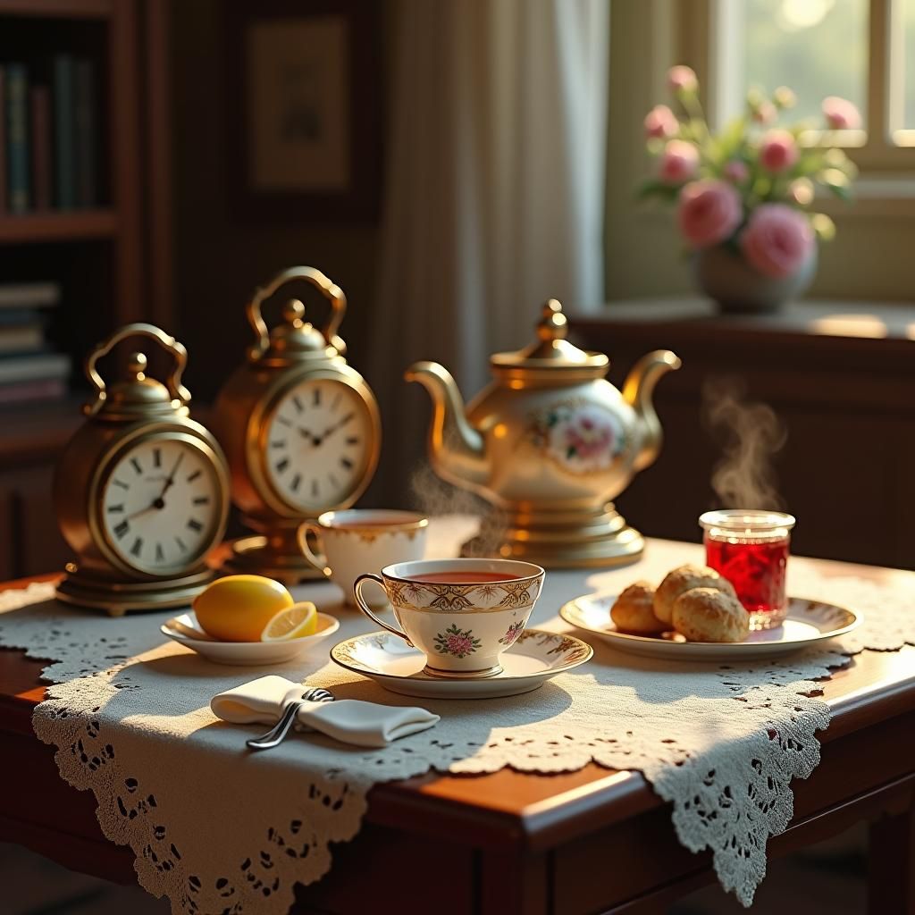 Antique Clocks and Tea Still Life