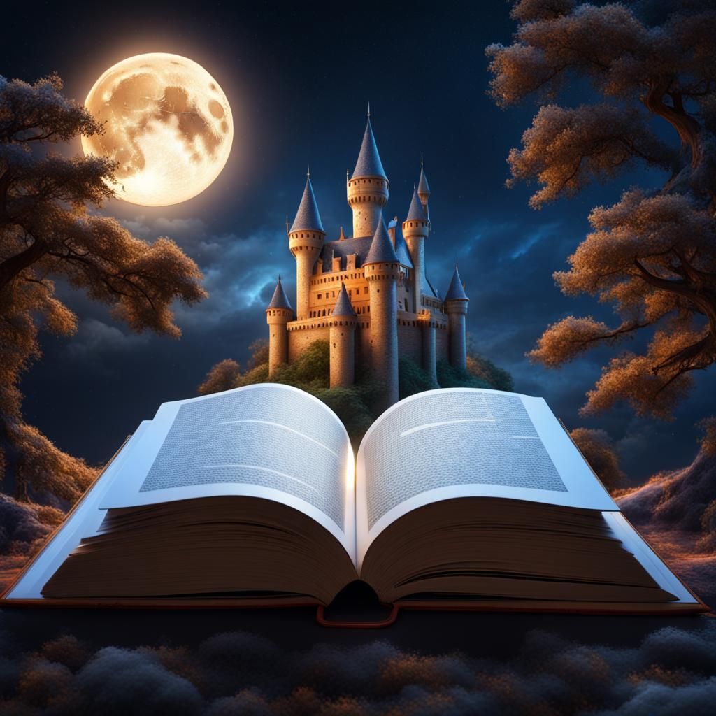 Fantasy Castle and Open Book Under Starry Night
