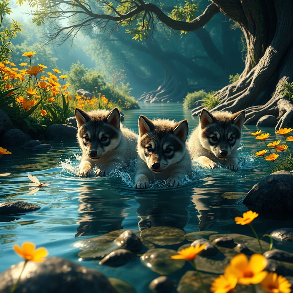 Wolf Puppies in a Serene River Landscape