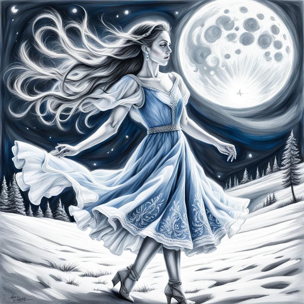 Girl Dances with Ghost Lover: Charcoal Drawing