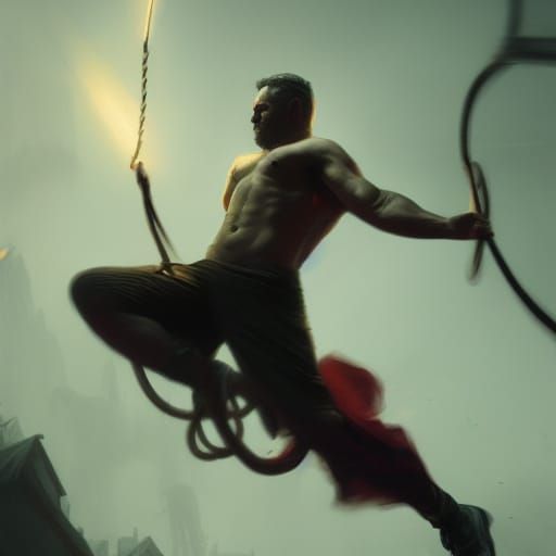 Man holding a trapeze a masterpiece, 8k resolution, dark fantasy concept art, by Greg Rutkowski, dynamic lighting, hyper...