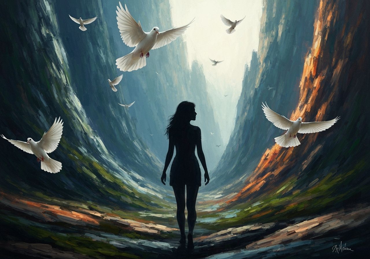 Impressionistic Mountain Landscape with Woman and Doves