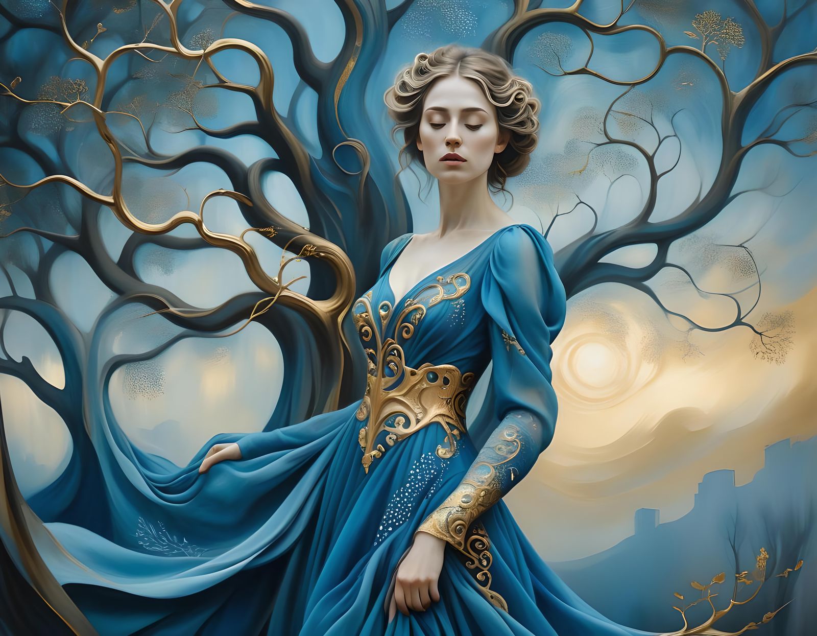 Sorrowful Woman in Blue Dress: Surrealist Style
