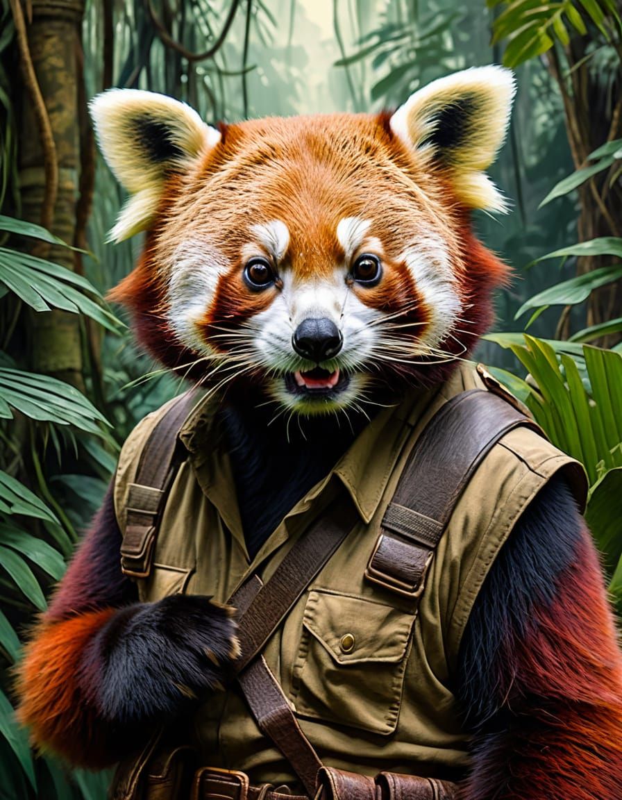 Red Panda Explorer in Jungle Temple, Abstract Style