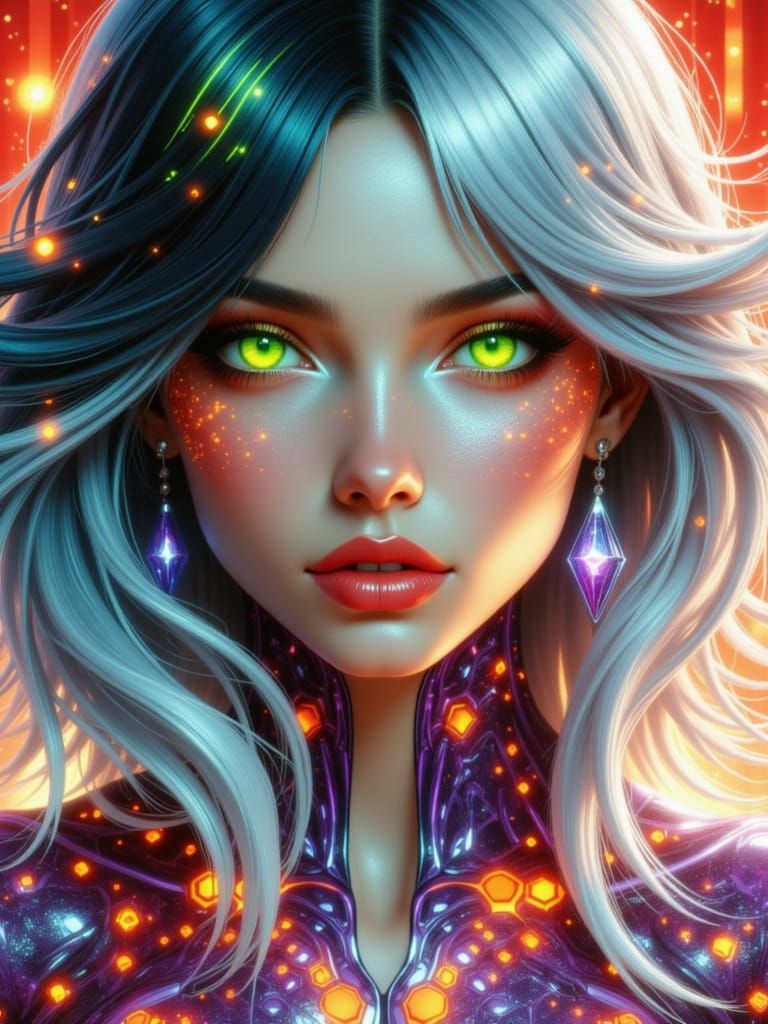 Bright Surrealism. Portrait. In a bright red void, a female woman with large hyper detailed green eyes, long nebulous fl...