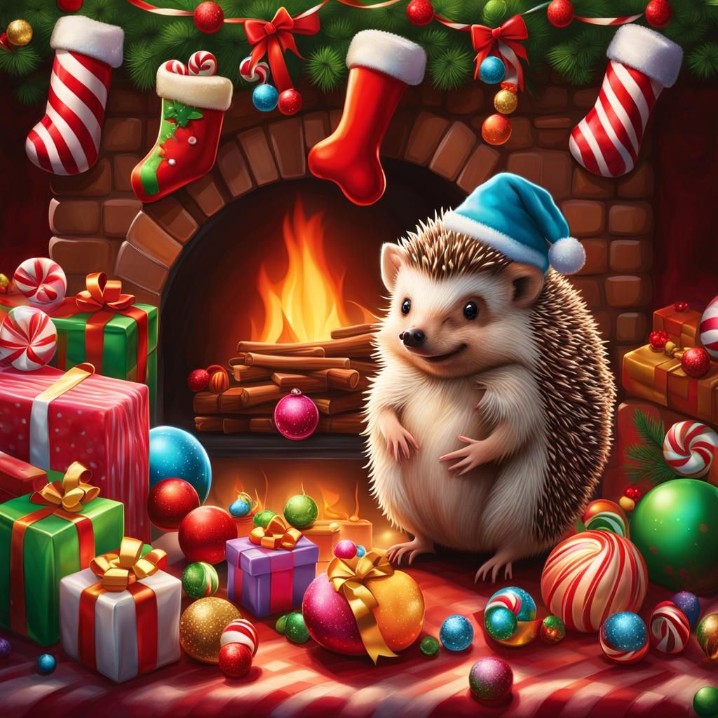 Festive Hedgehogs in Candyland Christmas Scene