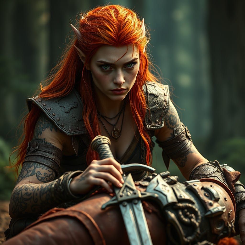 Weary Forest Elf Warrior Triumphs Over Fallen Orc in Cinemat...