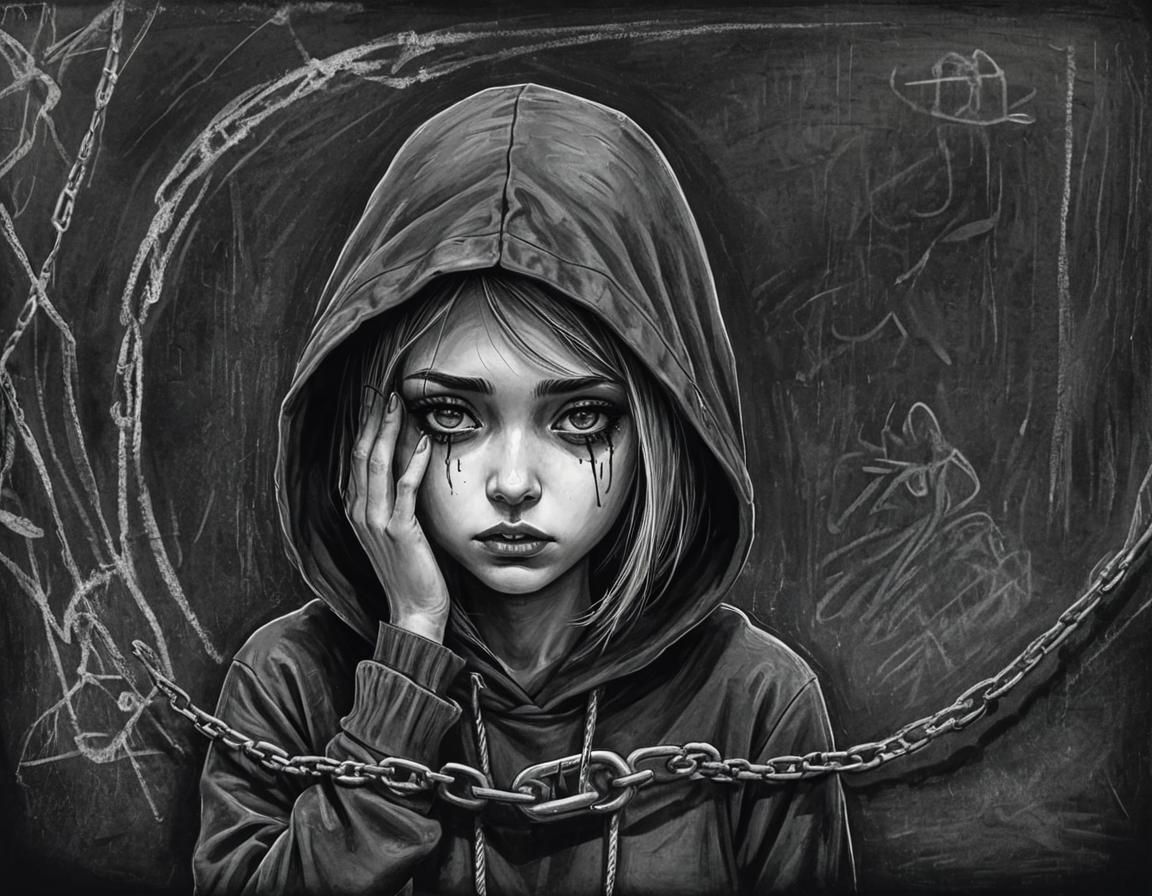 Sad Hooded Girl Trapped in Chalkboard Prison