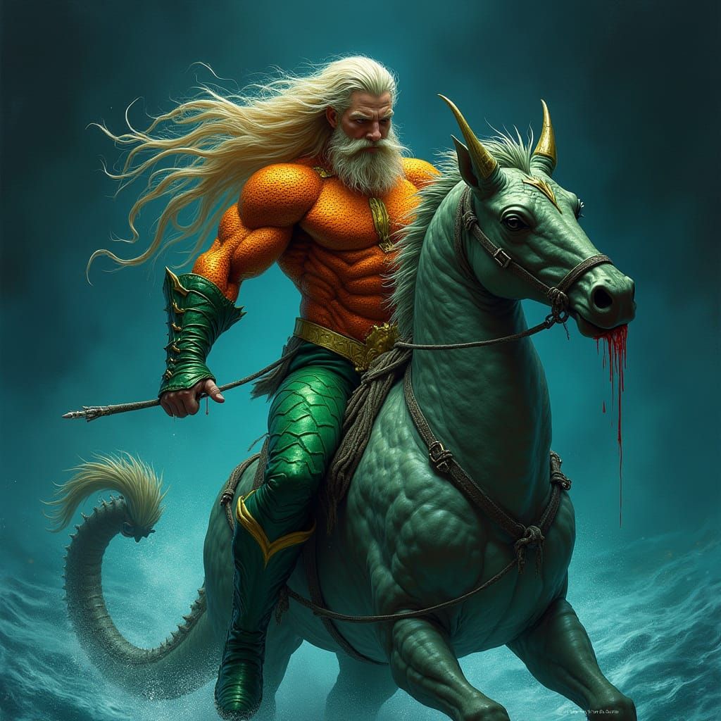 Aquaman Rides a Majestic Seahorse in the Dark Ocean Depths