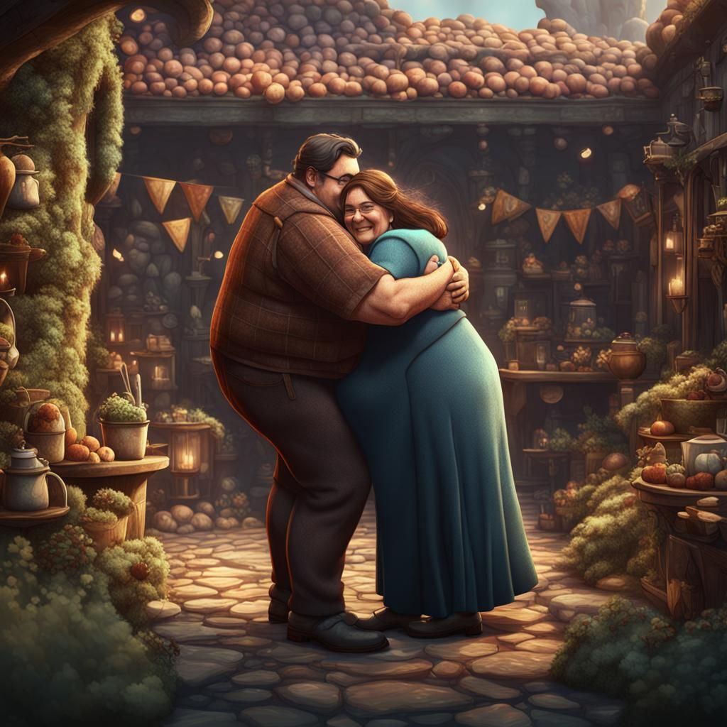 Chubby Couple's Loving Embrace: Detailed Fantasy Art