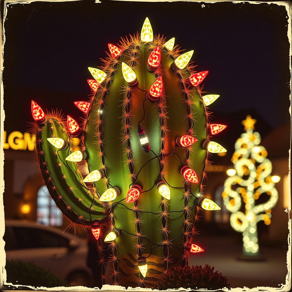 Cactus Christmas Lights in Vintage Postcard Style