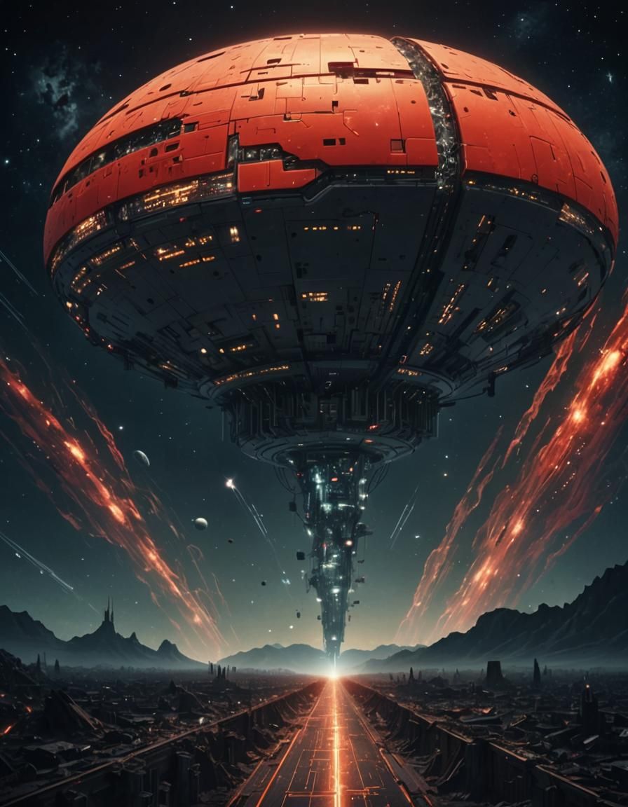 Dystopian Spaceship Cruising Deep Space as Digital Matte Pai...