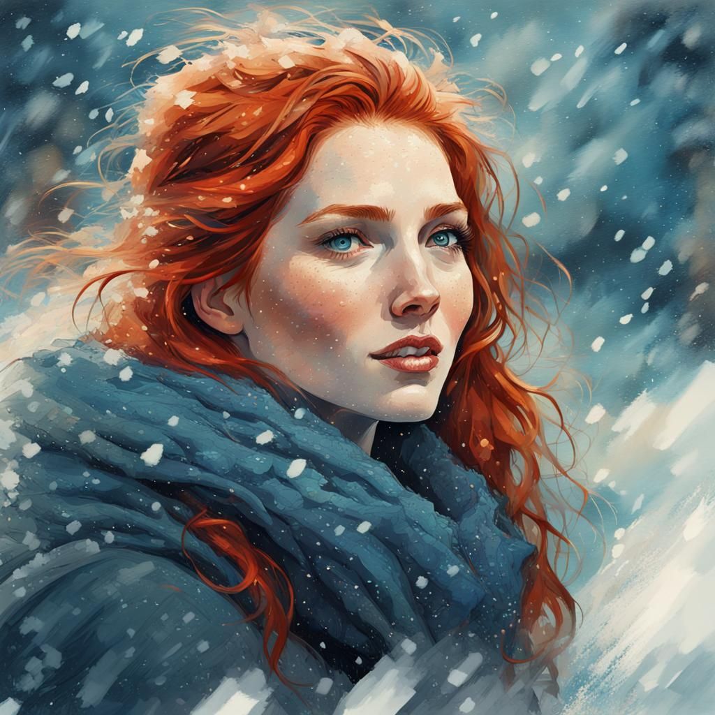 Redhead in Winter Snowfall, Fantasy Illustration
