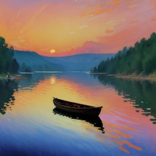 Impressionist Sunset Over Lake in Gouache Style