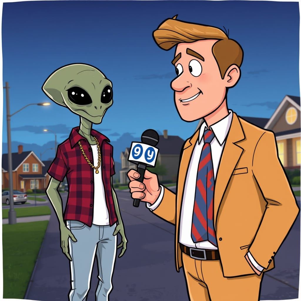 Cartoon News Reporter Interviews an Alien