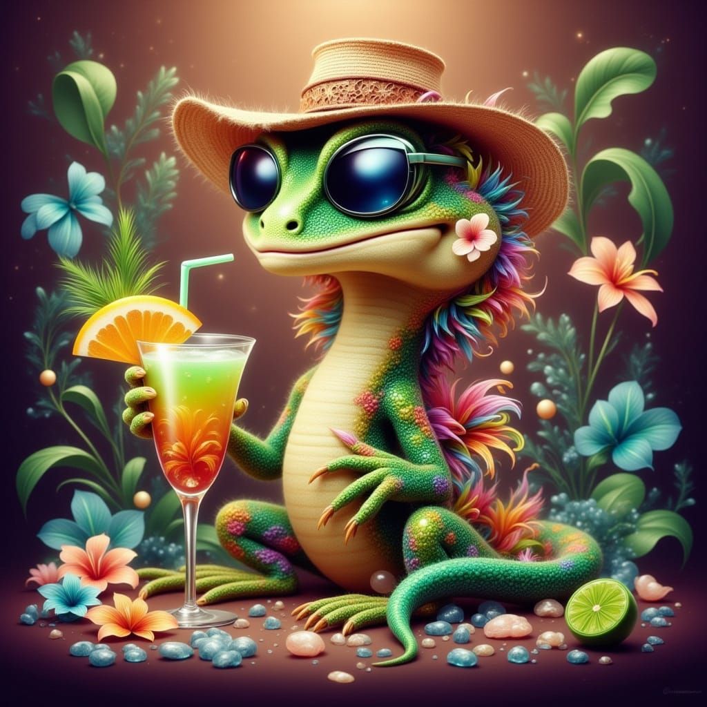 Cartoon Lounge Lizard with Tropical Drink