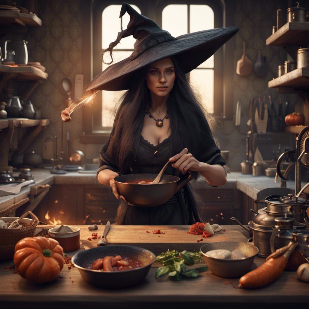Fantasy Witch Cooking in Detailed Matte Painting
