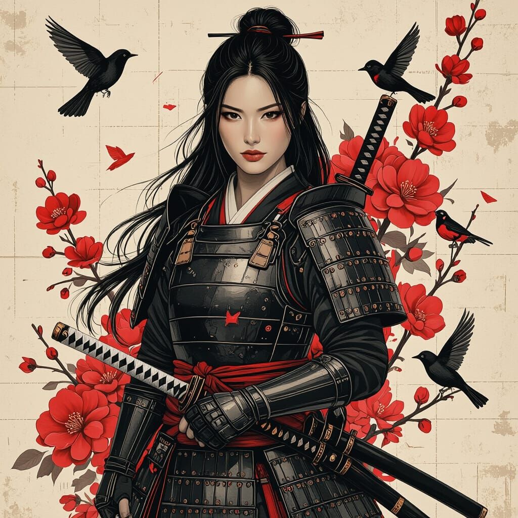 Samurai Woman with Katana in Charcoal Drawing Style