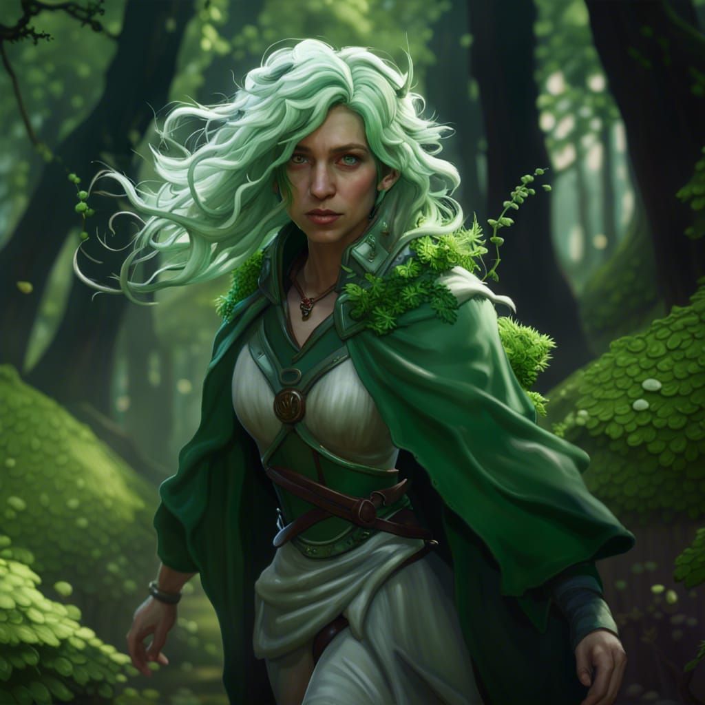 Green-Haired Mage Collecting Herbs in Forest, Detailed Art