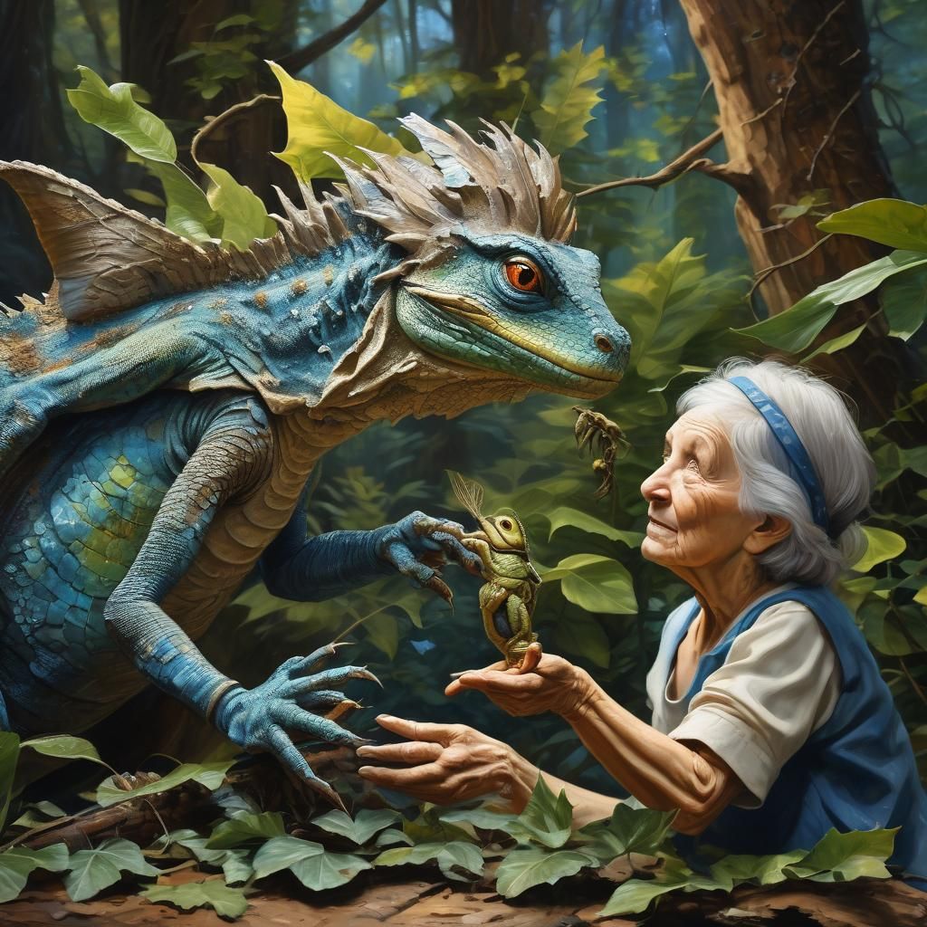 Lizard Alien Family in Whimsical Impasto Oil Painting