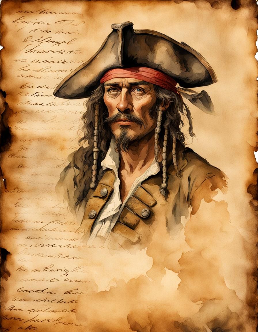 Pirate Portrait on Burned Parchment in Watercolor Style