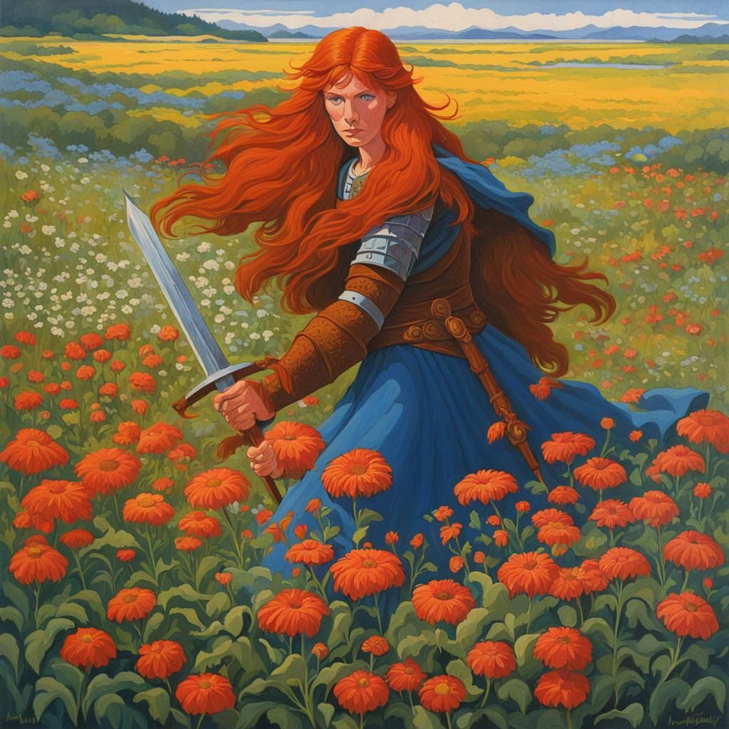 Viking Woman in Flower Field: 1980s Fantasy Art
