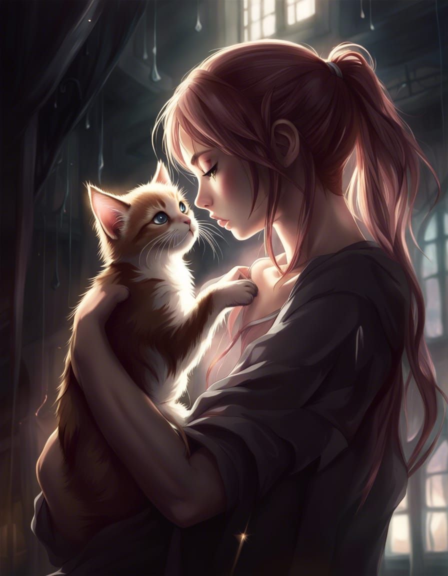 Ethereal Spirit Cradling Kitten in Anime Style