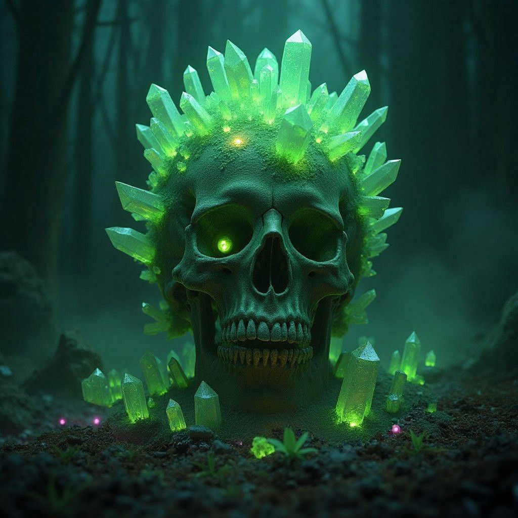 Green Crystals Grow on Skull: Detailed Matte Painting