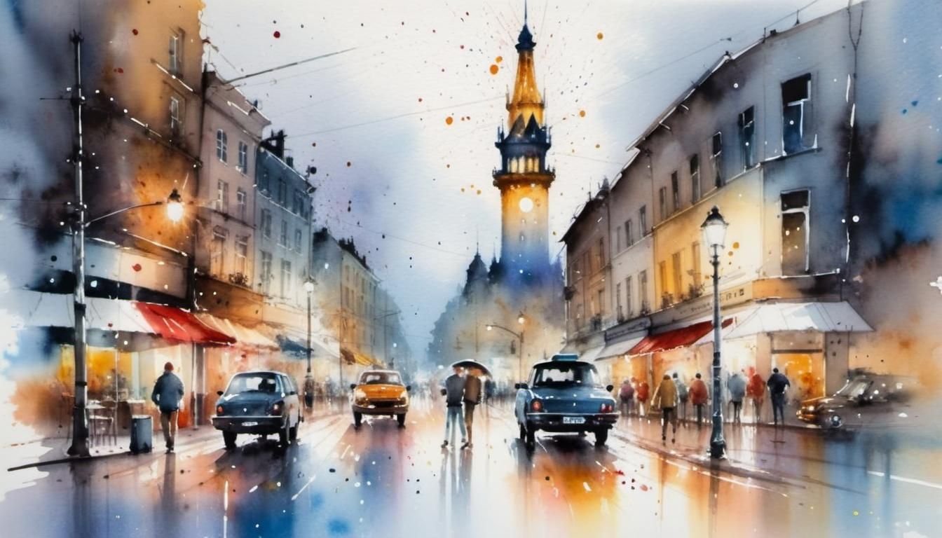 Night Cityscape Watercolor Painting with Figures