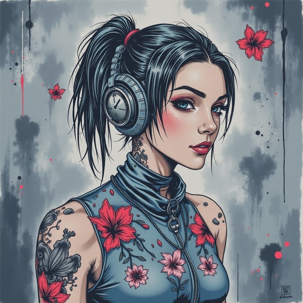 Smiling Cyborg Woman in Floral Dress, Giger Style