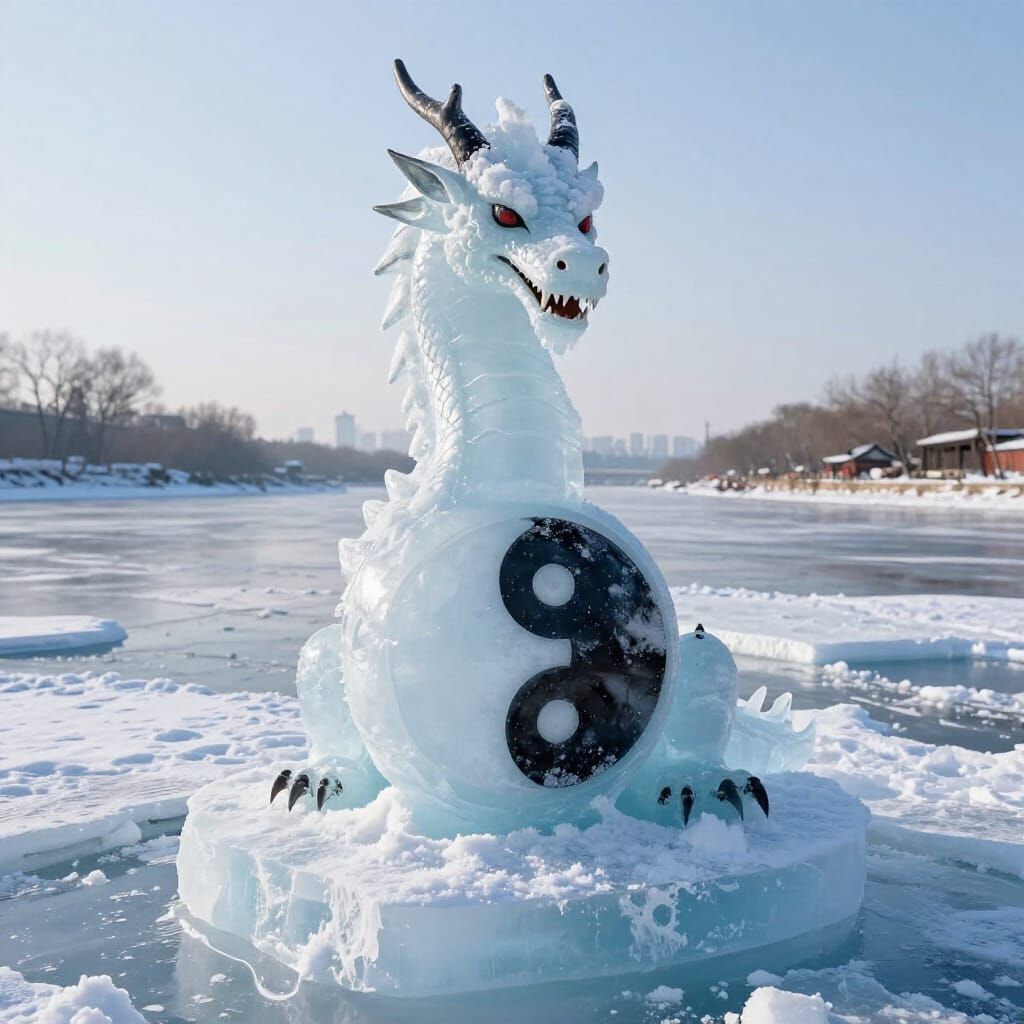 Ice Dragon on Glacier with Horror Ying Yang Symbol