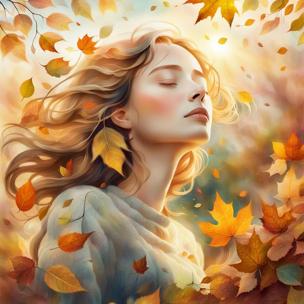 Dreamy Surrealism: Woman Amidst Autumn Leaves