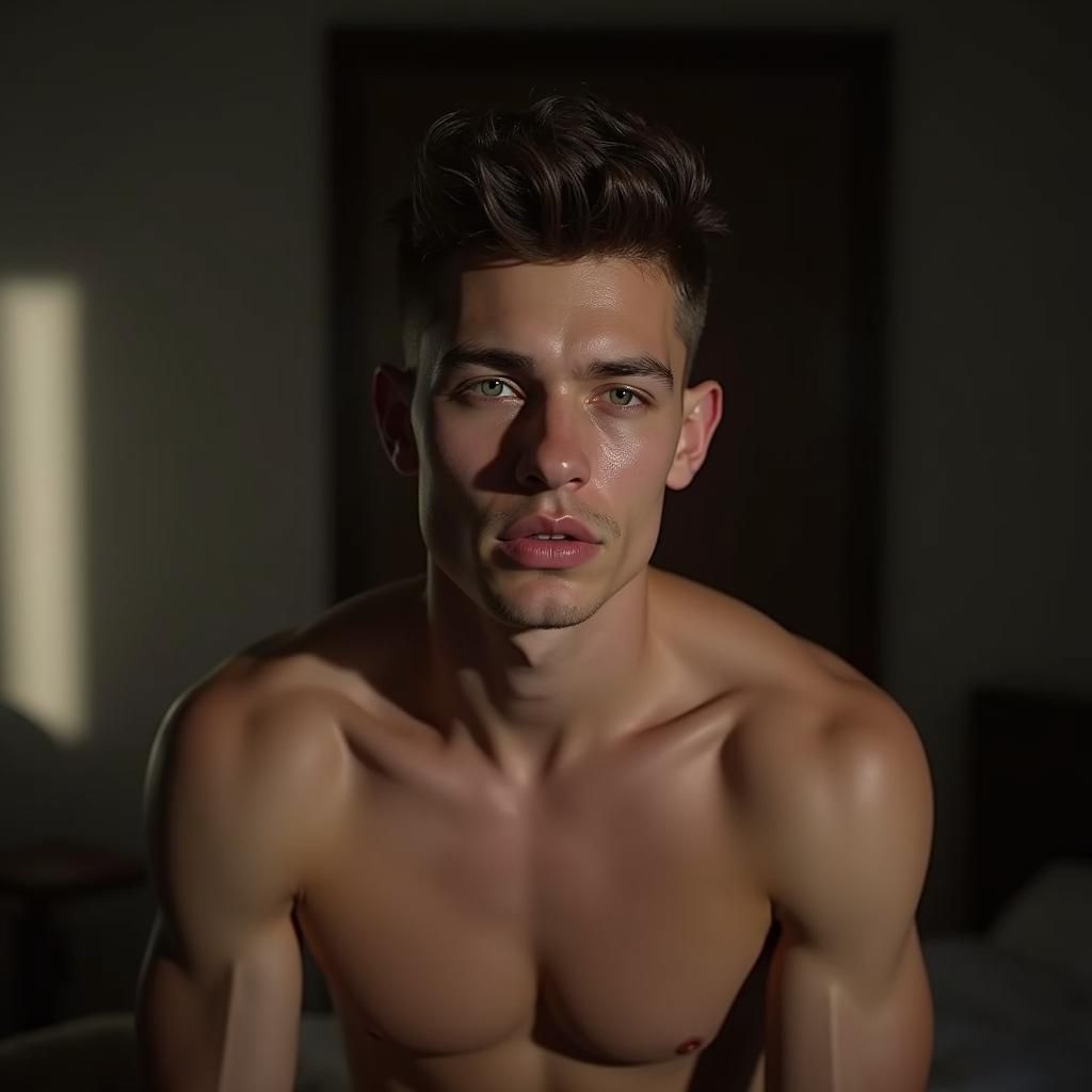 Hyper-Realistic Portrait of a Young Man in Bedroom