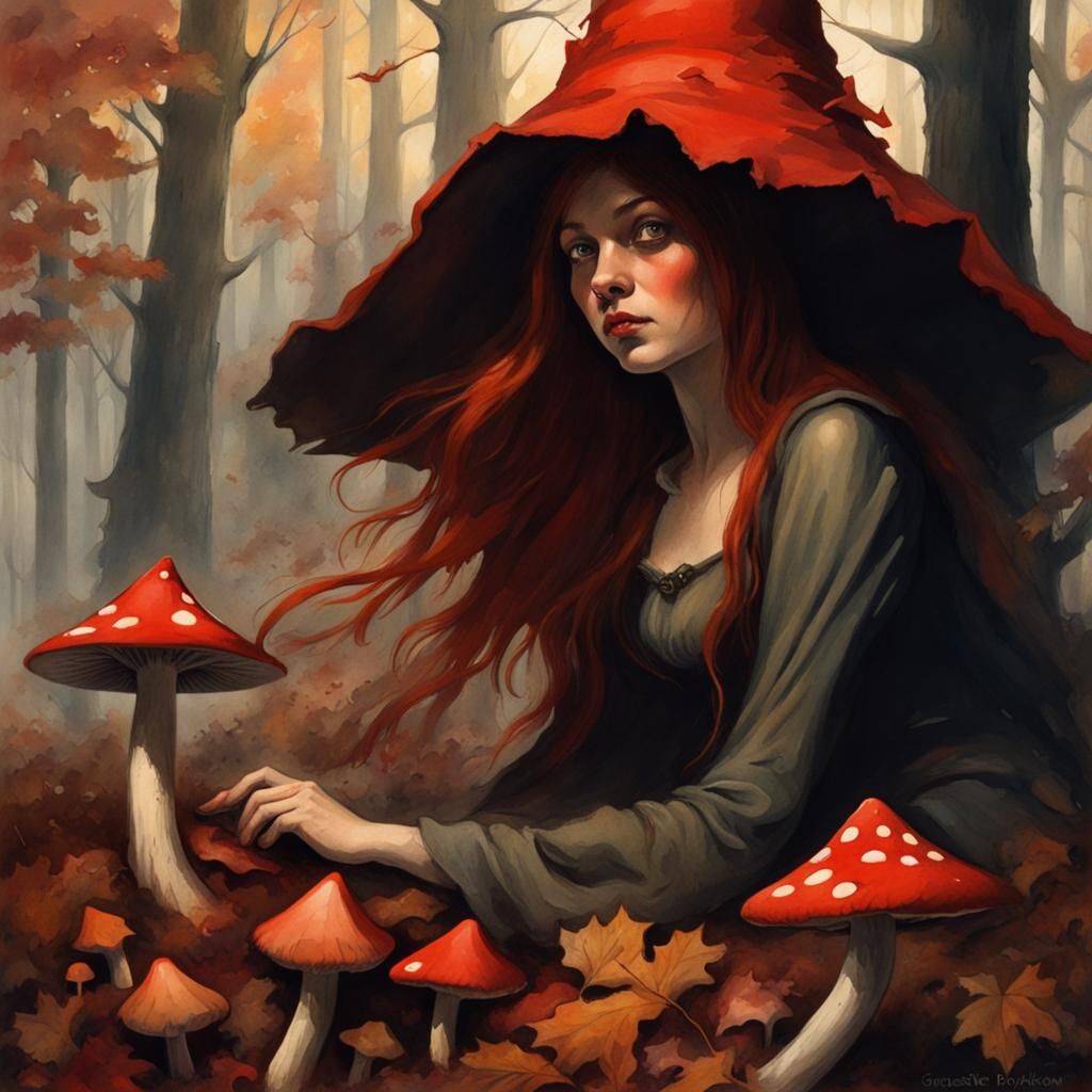 Woodland Witch in Autumnal Watercolour Style