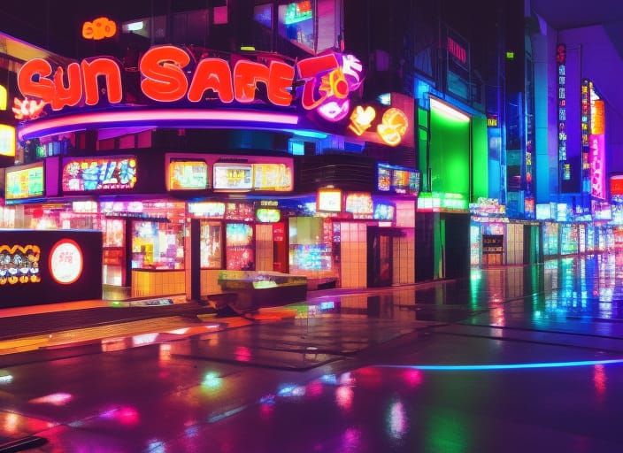 Neon-Lit Japanese Arcade at Night