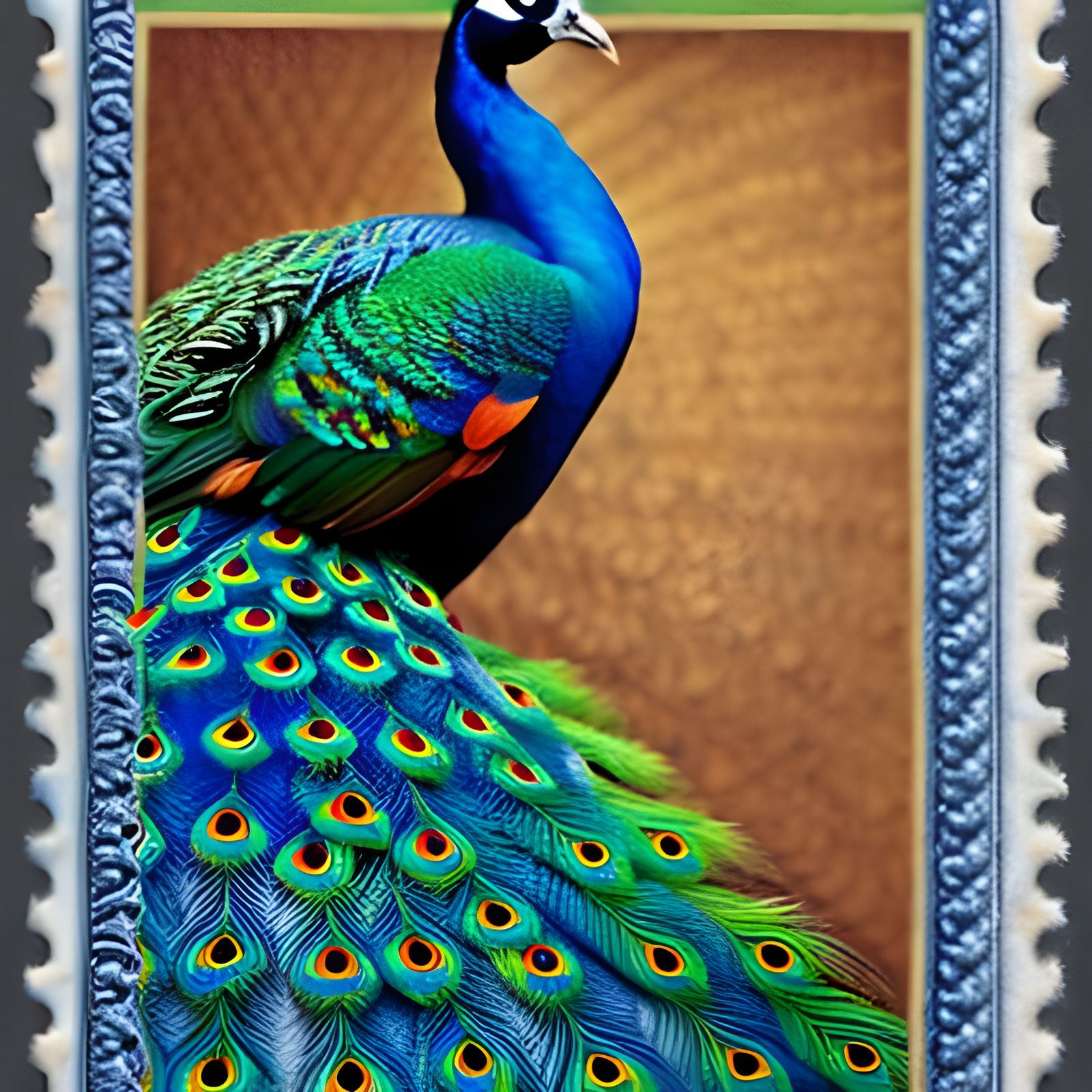 Indian Peacock Postage Stamp Color Pencil Illustration
