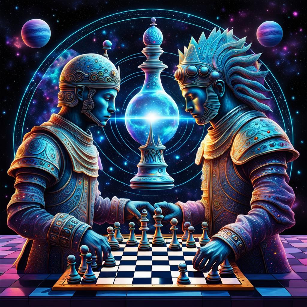 Cosmic Astral Chess Game in Holographic Illustration