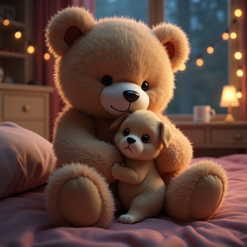Teddy Bear Hugging Puppy in Cozy Bedroom