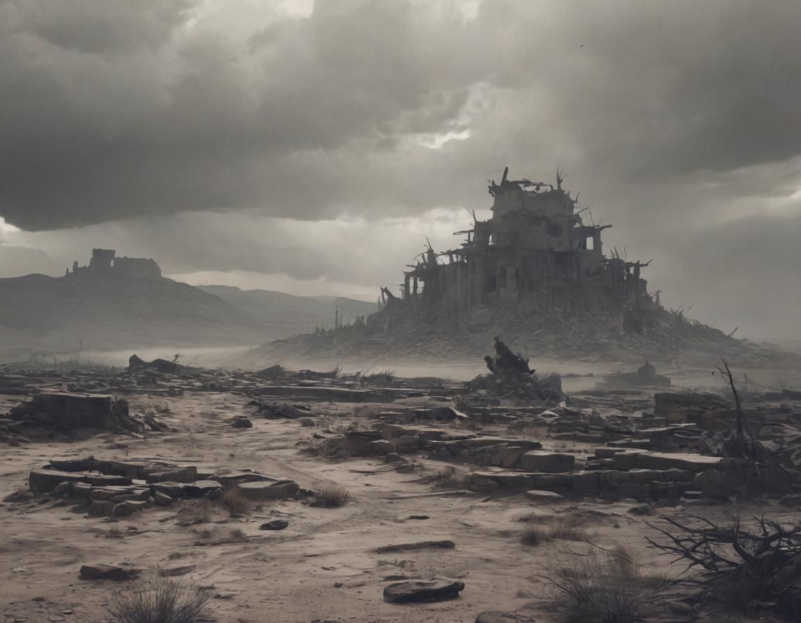 Apocalyptic Ruins in Barren Landscape: Cinematic Concept Art