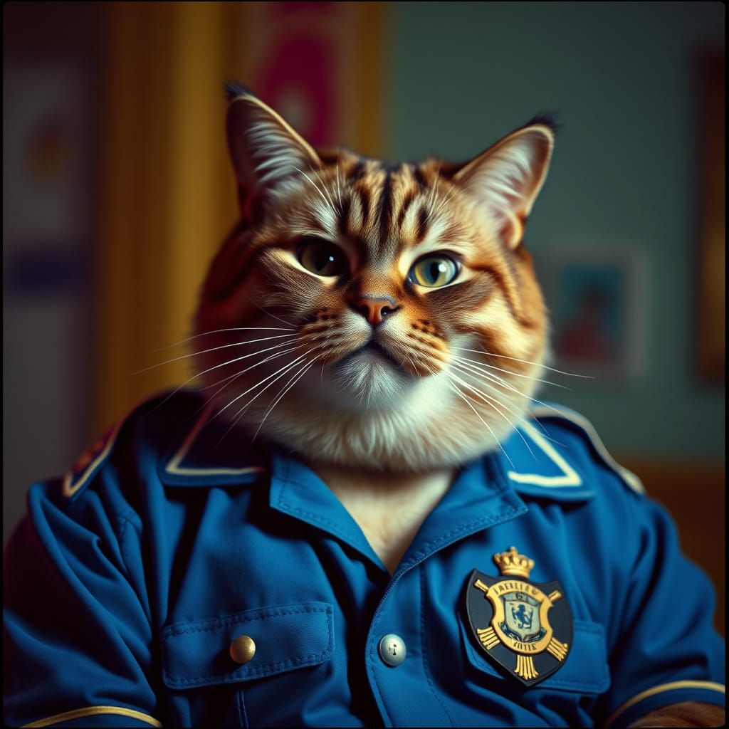 Fat Cat Officer in Cinematic Film Style