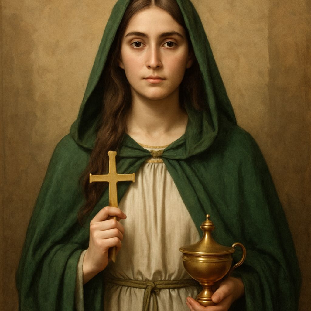 Priestess in Green Cloak, Brown Hair, Brown Eyes