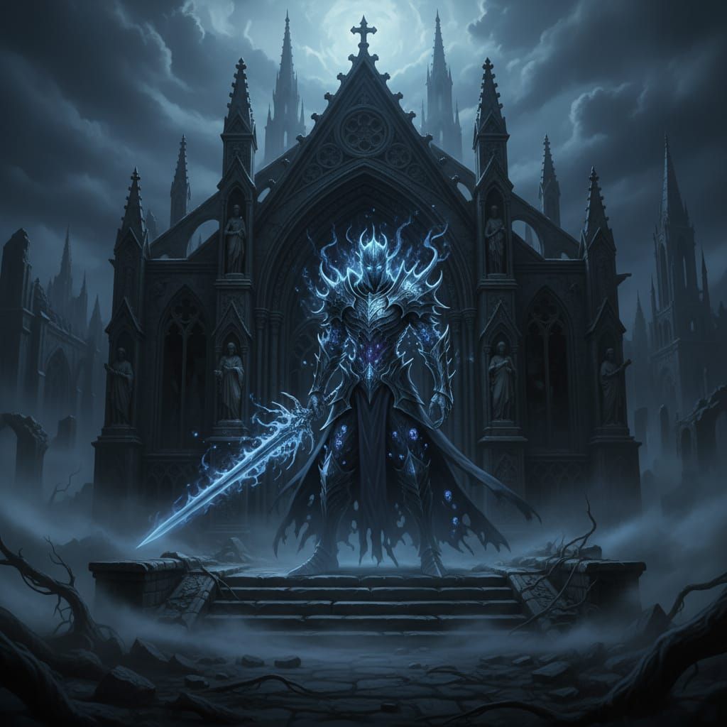Spectral Knight Guards Gothic Cathedral Under Moonlight