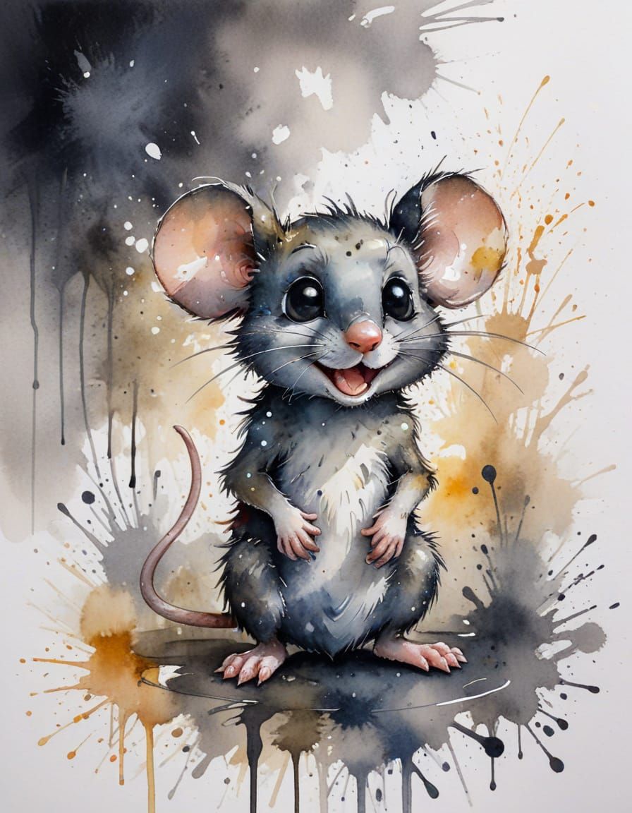 Shy Mouse with Watercolor Wash Ink Splatters