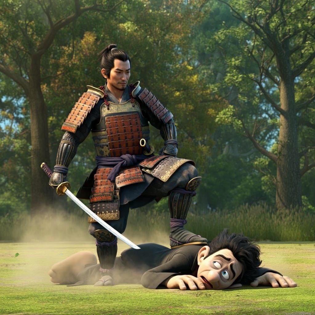 Samurai's Triumph Over Gargamel in Sunny Clearing