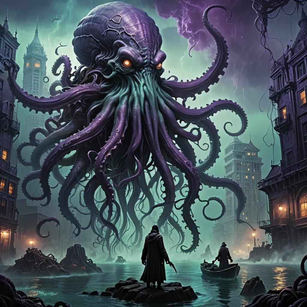 Cthulhu Awakens in Underwater City, Digital Matte Painting