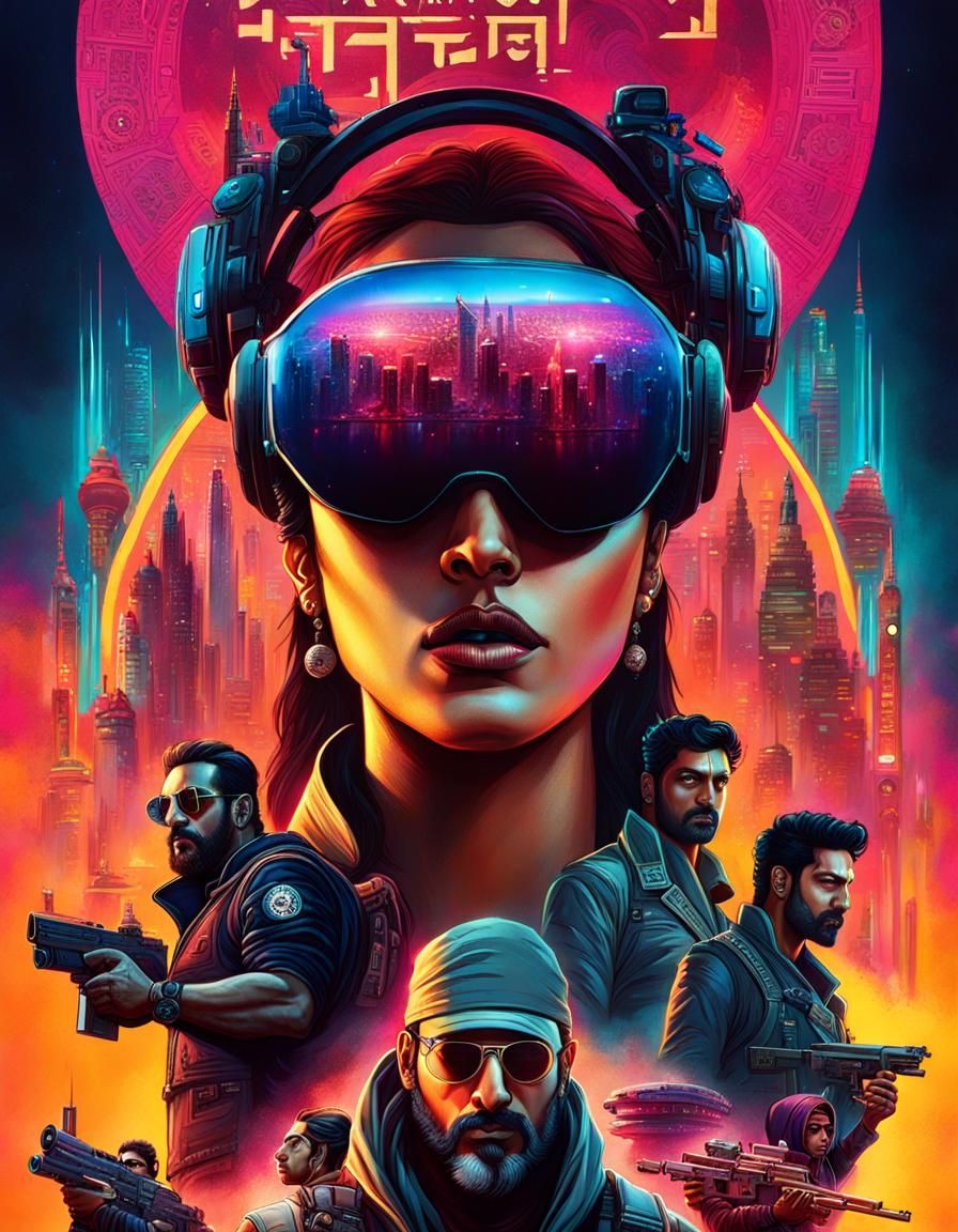 Bollywood Cyberpunk Movie Poster: Vibrant Fantasy Art